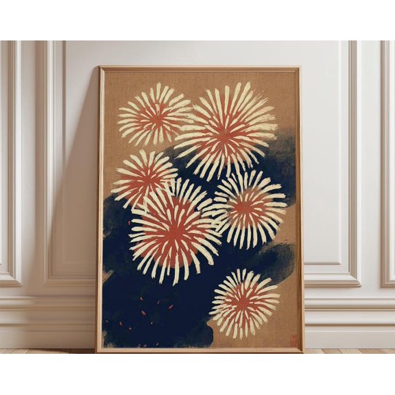 Brown Japanese Fireworks Cream Radial Burst Illustration Vintage Asian Wall Art, Unframed Paper Poster 8x10in