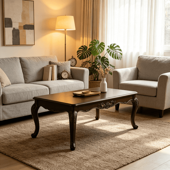 Brown Java Finish Traditional Coffee Table, Solid Wood with Carved Cabriole Legs
