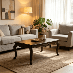 Brown Java Finish Traditional Coffee Table, Solid Wood with Carved Cabriole Legs