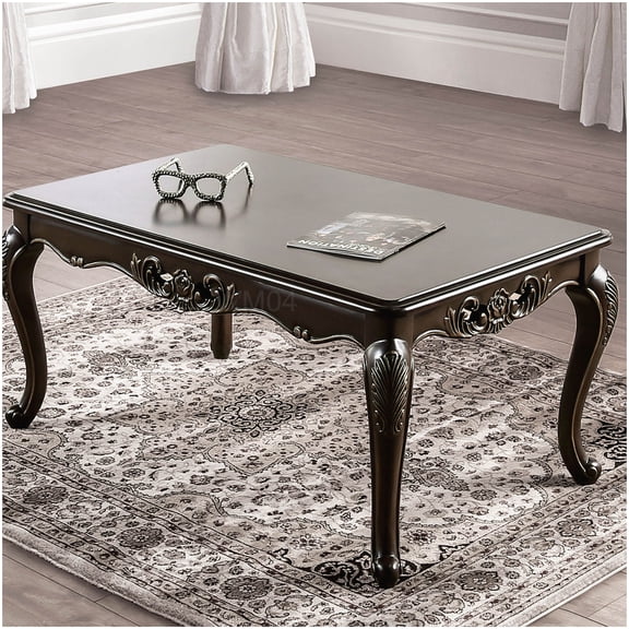 Brown Java Finish Traditional Coffee Table, Solid Wood with Carved Cabriole Legs