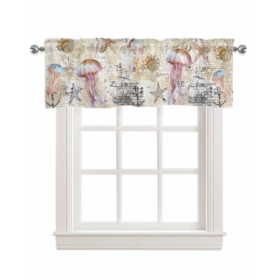 Brown Jellyfish Linen Curtain Valance for Bedroom/Bathroom/Kitchen/Living/Dining Room Window,Coastal Nautical Sailboat Anchor Starfish Pocket Topper Drapes Decorative Cafe Drapery Panel 42"x18"