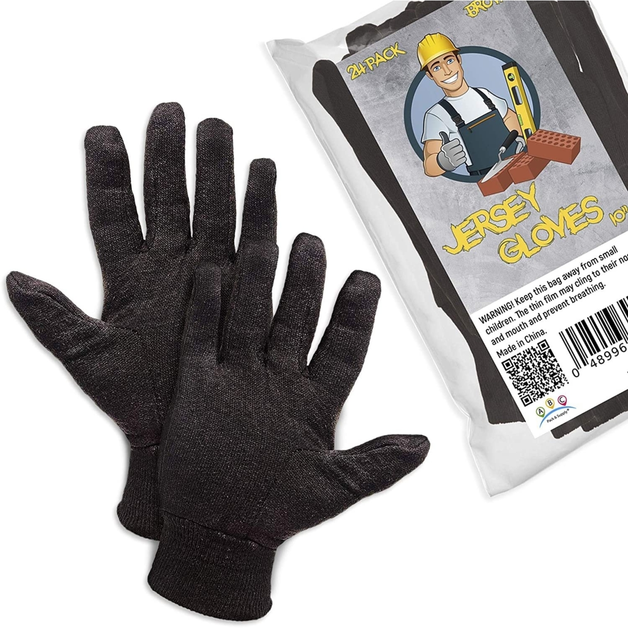 Polyester Cotton Jersey Glove, Brown, Small, 24 Pack