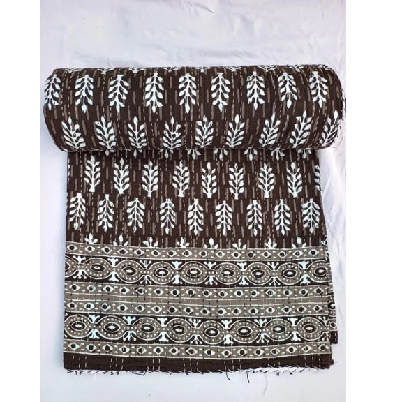 Brown Kantha Quilt Hand-Stitched Floral Block Print, Handmade Cotton Bedspread, Lightweight Queen Size Bedding