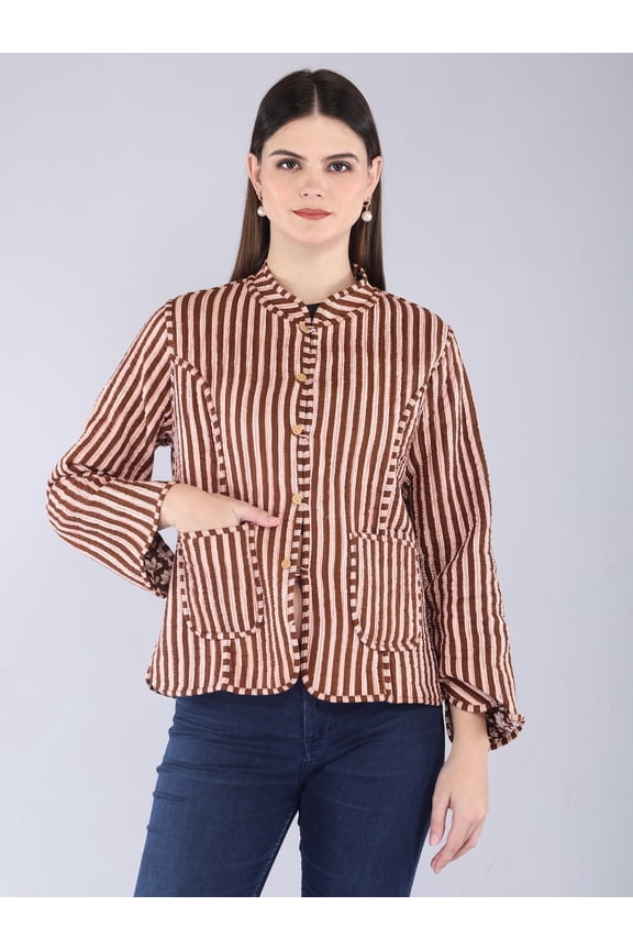 Brown Kantha Quilted Coat | Reversible Floral Cotton Jacket | Boho Block Print Layering