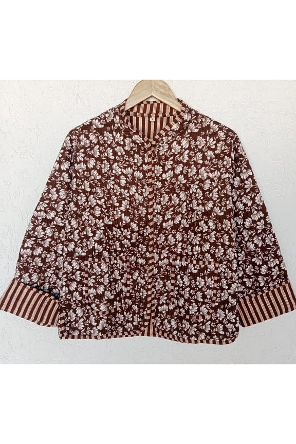 Brown Kantha Quilted Coat | Reversible Floral Cotton Jacket | Boho Block Print Layering