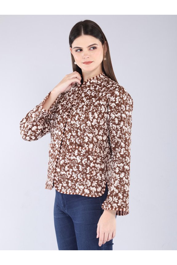 Brown Kantha Quilted Coat | Reversible Floral Cotton Jacket | Boho Block Print Layering