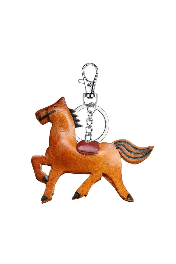 Brown Keychain Cowhide Leather Mini Horse Key Ring Metal Hanging Decor Gift 3.35 X 3.15 Inches Brown