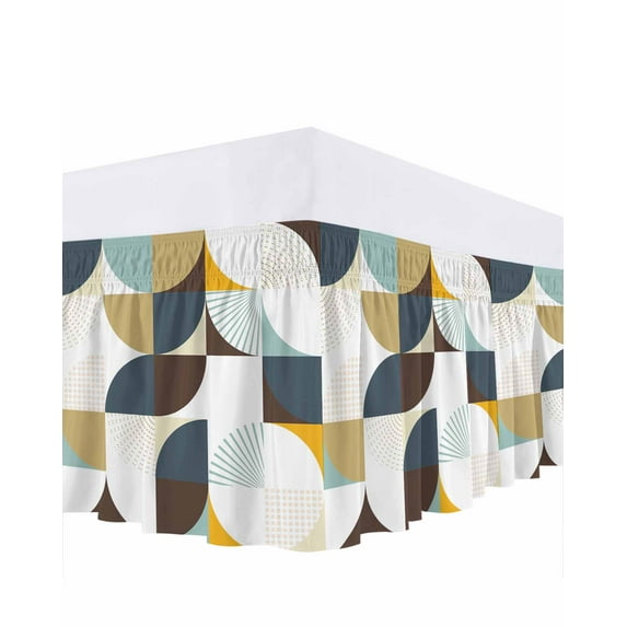 Brown Khaki Circular Bed Skirt Queen Size 16" Drop Medieval Geometric Abstract Ruffled Wrap Around Bed Skirts Adjustable Elastic Bedskirt Dust Ruffle for Queen Size Bed