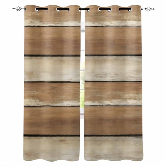 Brown Khaki Wooden Blackout Curtains for Bedroom 45 Inch Length 2 Panels Set, Vintage Farmhouse Retro Art Thermal Insulated Energy Saving Window Treatment Curtains Blackout Drapes 52"x45"