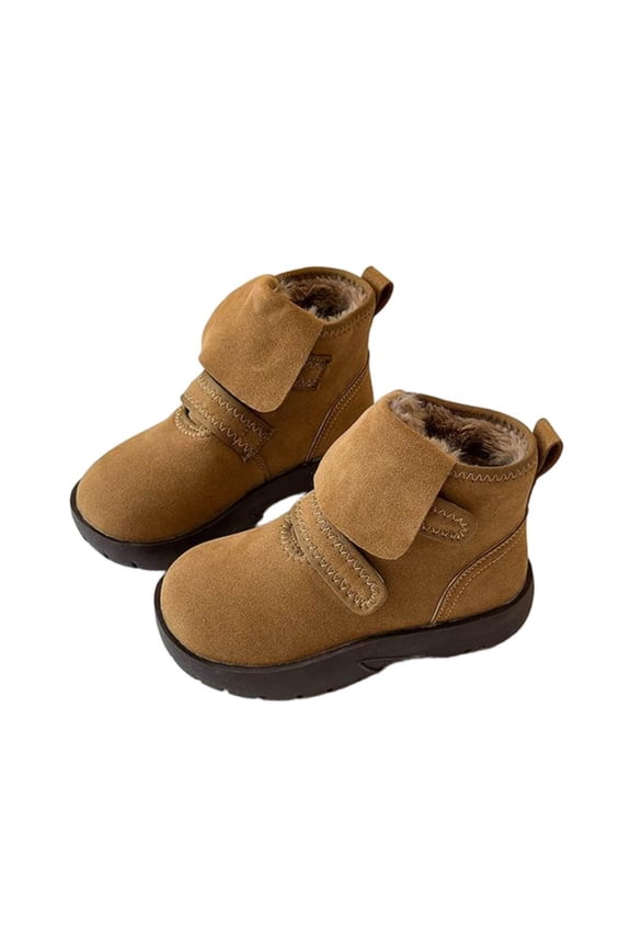 Brown Kids Artificial Leather Snow Boots With Fleece Lining And Thick Sole, Ideal For Winter Warmth And Play