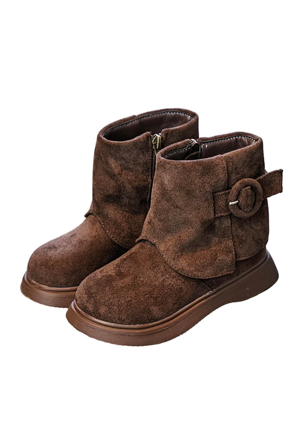 Brown Kids Short Boots With Cozy Fleece Insulation And Durable Artificial Leather Sole, Ideal For Winter Comfort