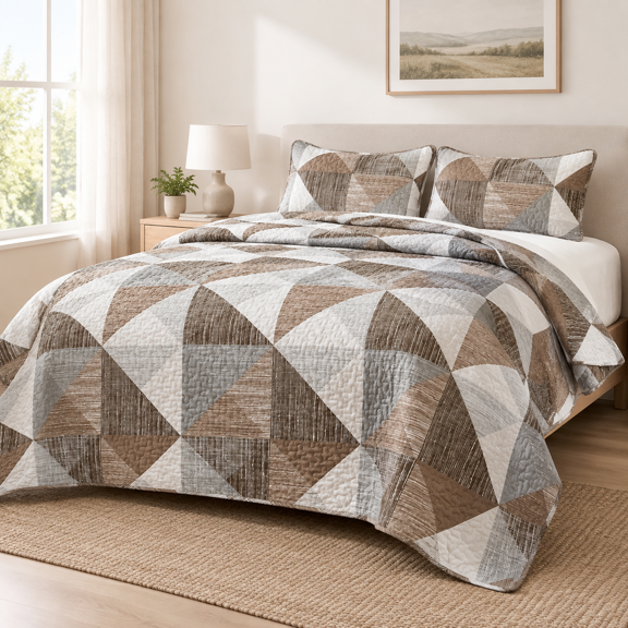 Brown King 90“×110” 3 Piece Geometric Patchwork Quilt Bedspread Set