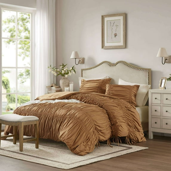 Brown King Comforter Set 3-Piece, Microfiber Bedding with Ruffled Design, All-Season Comfort