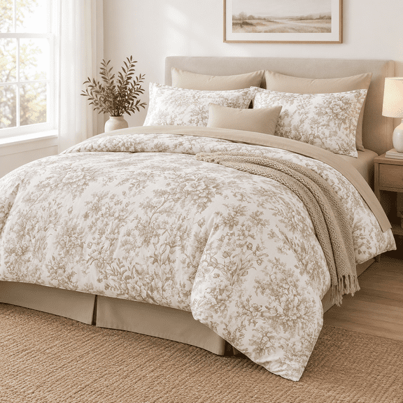 Brown King Size 8 Piece Bed-in-a-Bag Floral Toile Bedding Set
