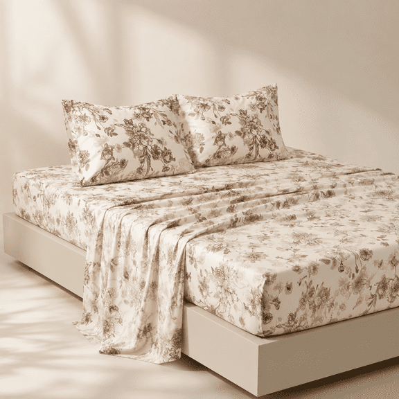 Brown King Size Toile Flower Printed Cotton Percale Bed Sheet Set