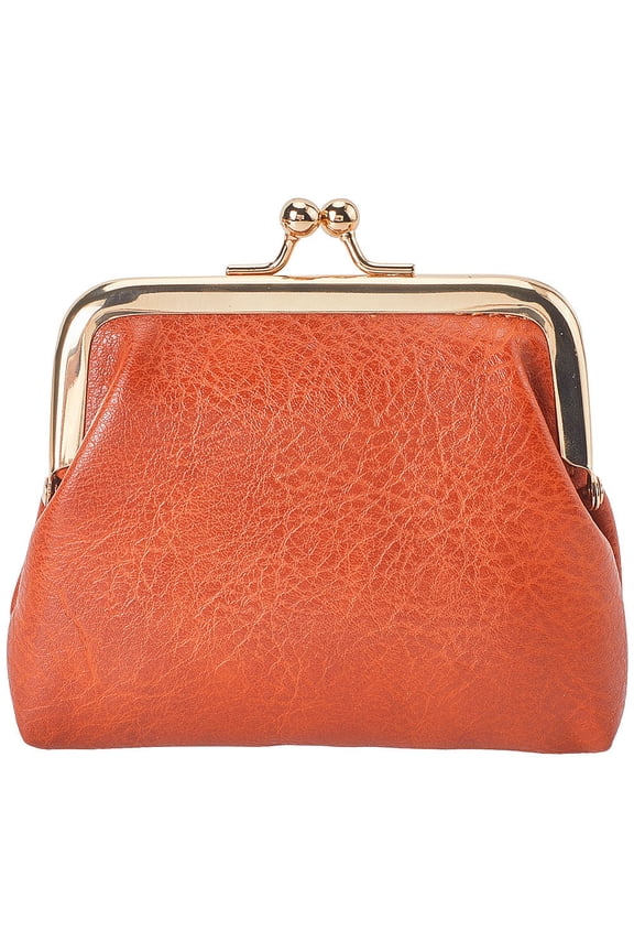 Brown Kiss Lock Wallet Vintage Leather Coin Purse Ladies Money Pocket Iron Frame Compact Hand-held Wallet