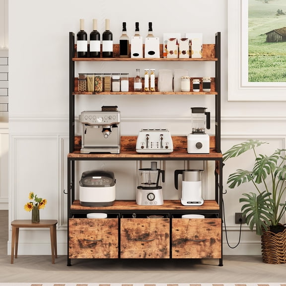 Brown Kitchen Bakers Rack with Storage and Power Outlet, 5-Tier Industrial Microwave Stand with Drawers and Open Shelves, Metal Frame, Farmhouse Coffee Bar Cabinet