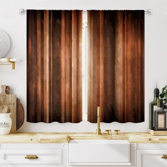 Brown Kitchen Curtains 27.5W x 39H Inch Rod Pocket Vintage Rust Orange Kitchen Decor Copper Tan Aged Bronze Cafe Curtains Simple Earth Stripe Art Printed Small Window Drapes Fabric 2 Panels