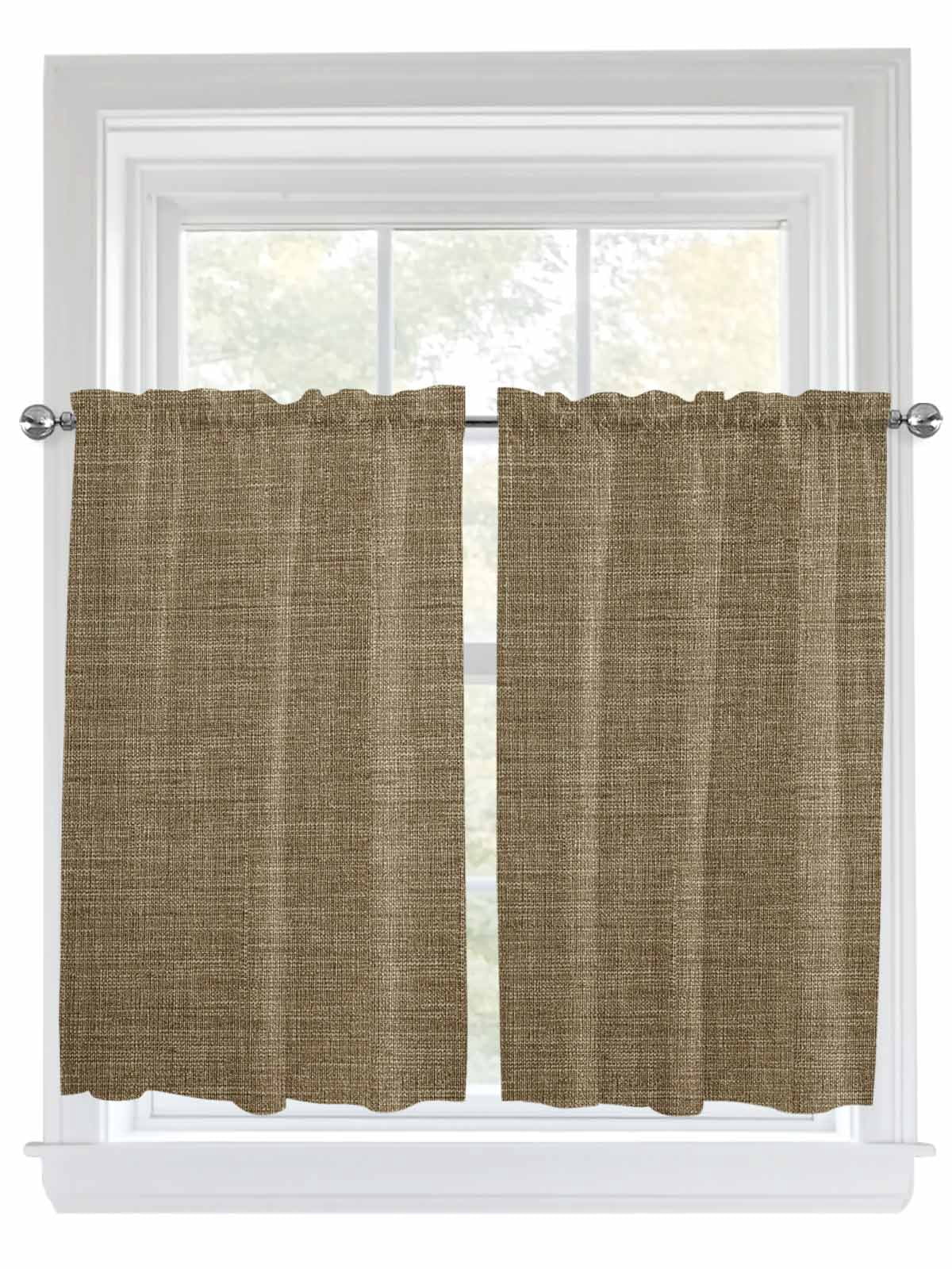 Brown Kitchen Curtains 54 Inches length, Farmhouse Burlap Solid Beige Color Modern Linen Texture Window Treatment Curtain Drapes, Decorative Window Curtains for Bedroom Cafe, 52"x54", 2 Panels