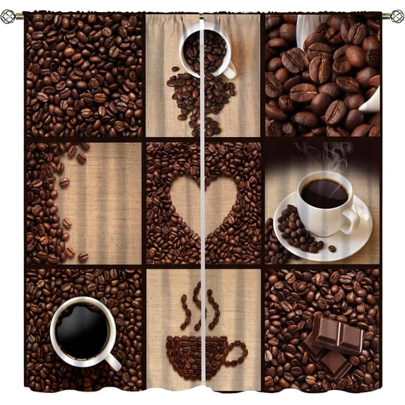 Brown Kitchen Curtains, Coffee Theme Collage, 27.5x63in, 2 Panel Blackout Set