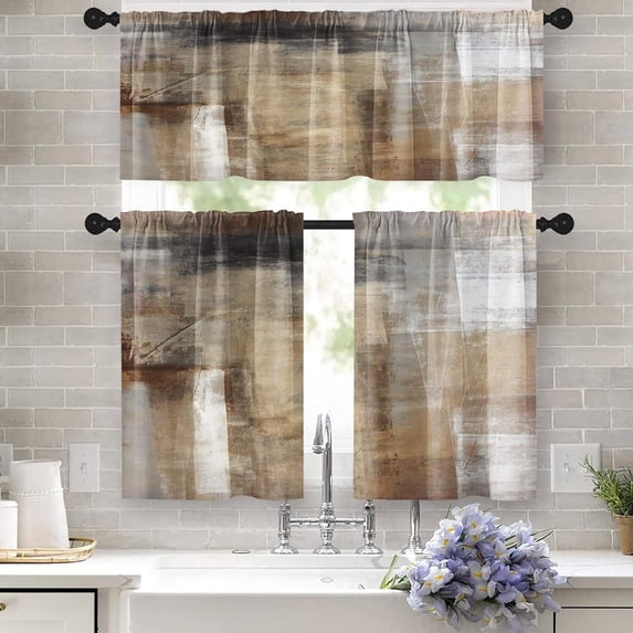 Brown Kitchen Curtains Grey Beige Window Curtains Valance and Tier Set, Modern Rod Pocket Short Tier Curtain, Abstract Art Small Cafe Curtains for Kitchen Decor 52" x 24"