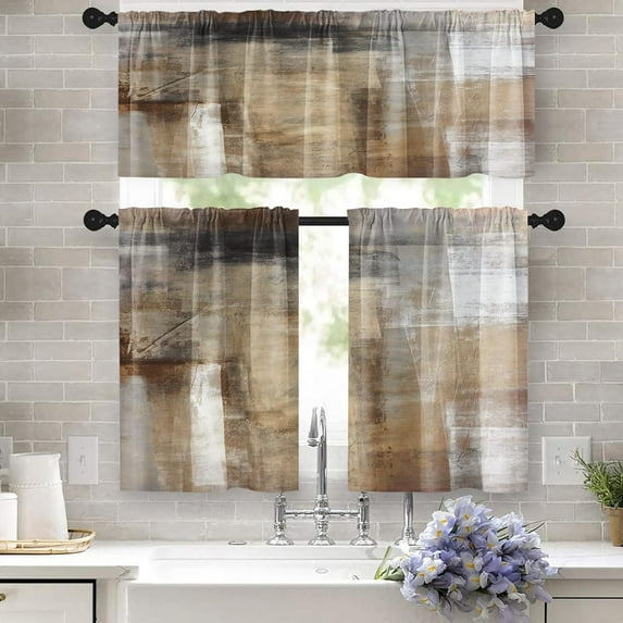 Brown Kitchen Curtains Grey Beige Window Curtains Valance and Tier Set, Modern Rod Pocket Short Tier Curtain, Abstract Art Small Cafe Curtains for Kitchen Decor 54" x 24"
