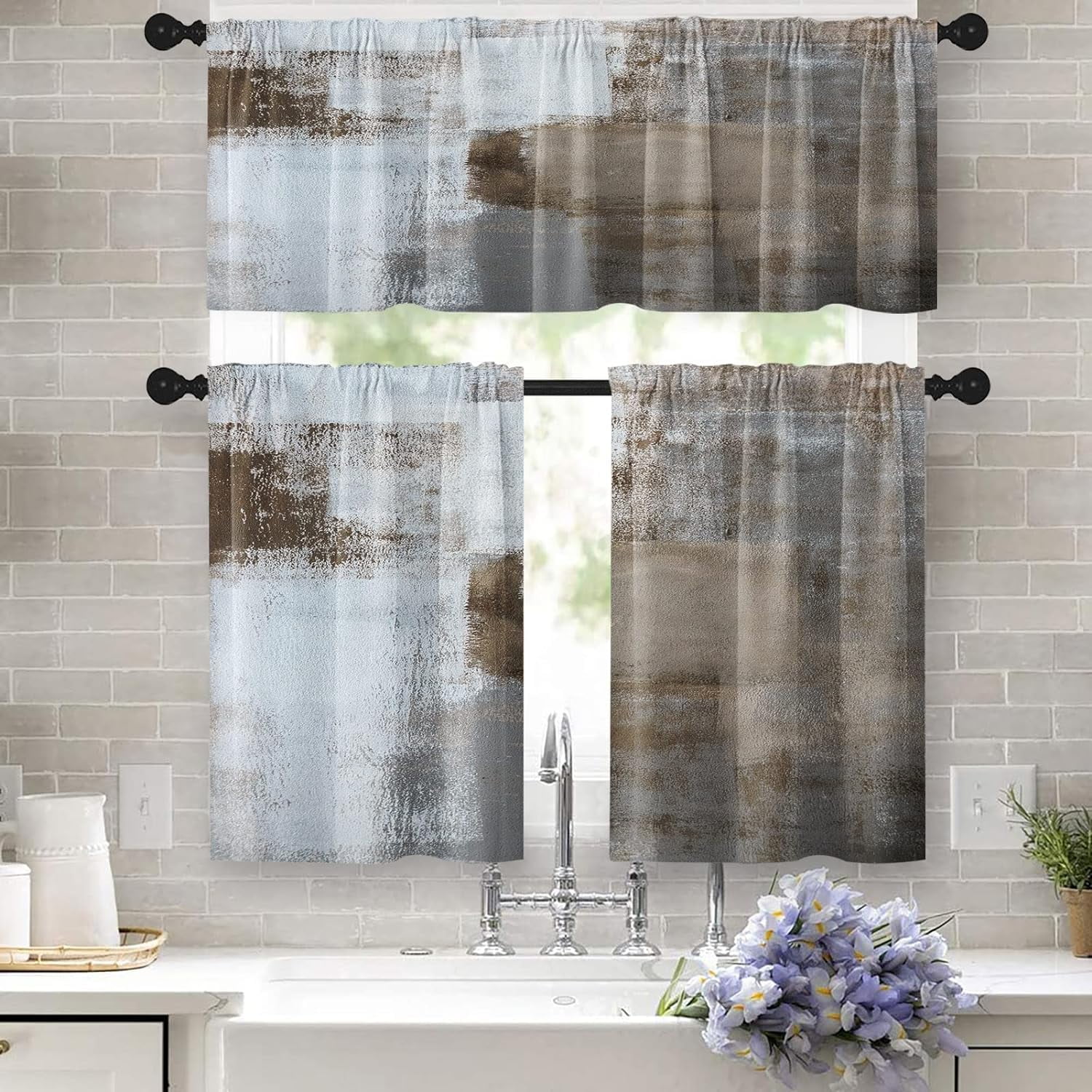 Brown Kitchen Curtains Grey White Window Curtains Valance and Tier Set ...