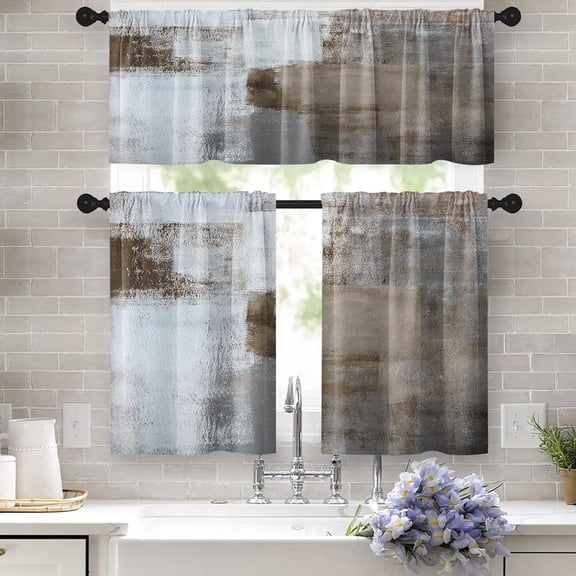 Brown Kitchen Curtains Grey White Window Curtains Valance and Tier Set, Contemporary Rod Pocket Short Tier Curtain, Abstract Art Small Cafe Curtains for Kitchen Decor 54" x 24"