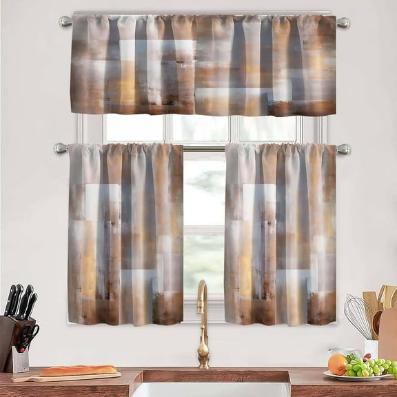 Brown Kitchen Curtains Tiers and Valances Set 3 Piece for Windows Abstract Brown Kitchen Window Curtains, Modern Grey Valances for Living Room(36" Tiers Set)