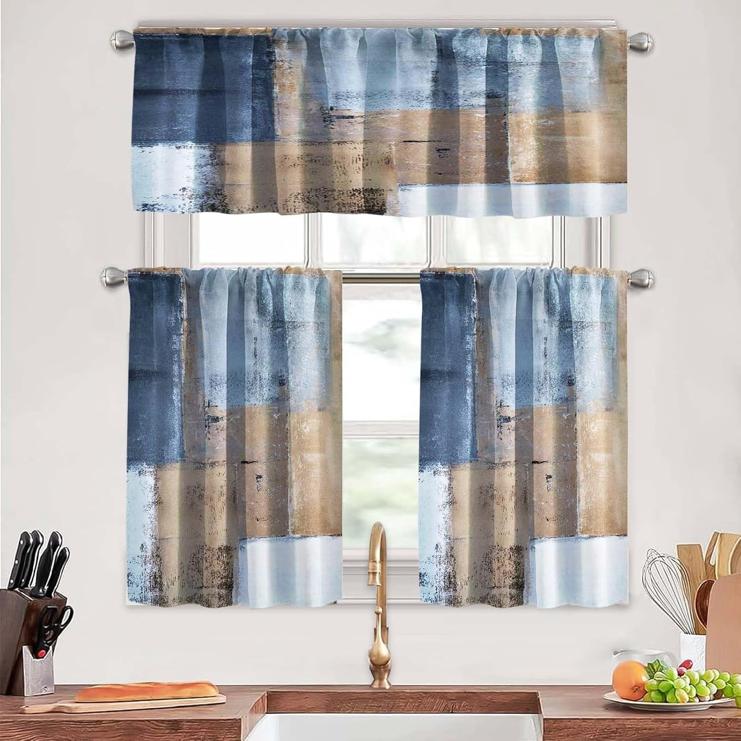 Brown Kitchen Curtains Tiers and Valances Set 3 Piece for Windows ...