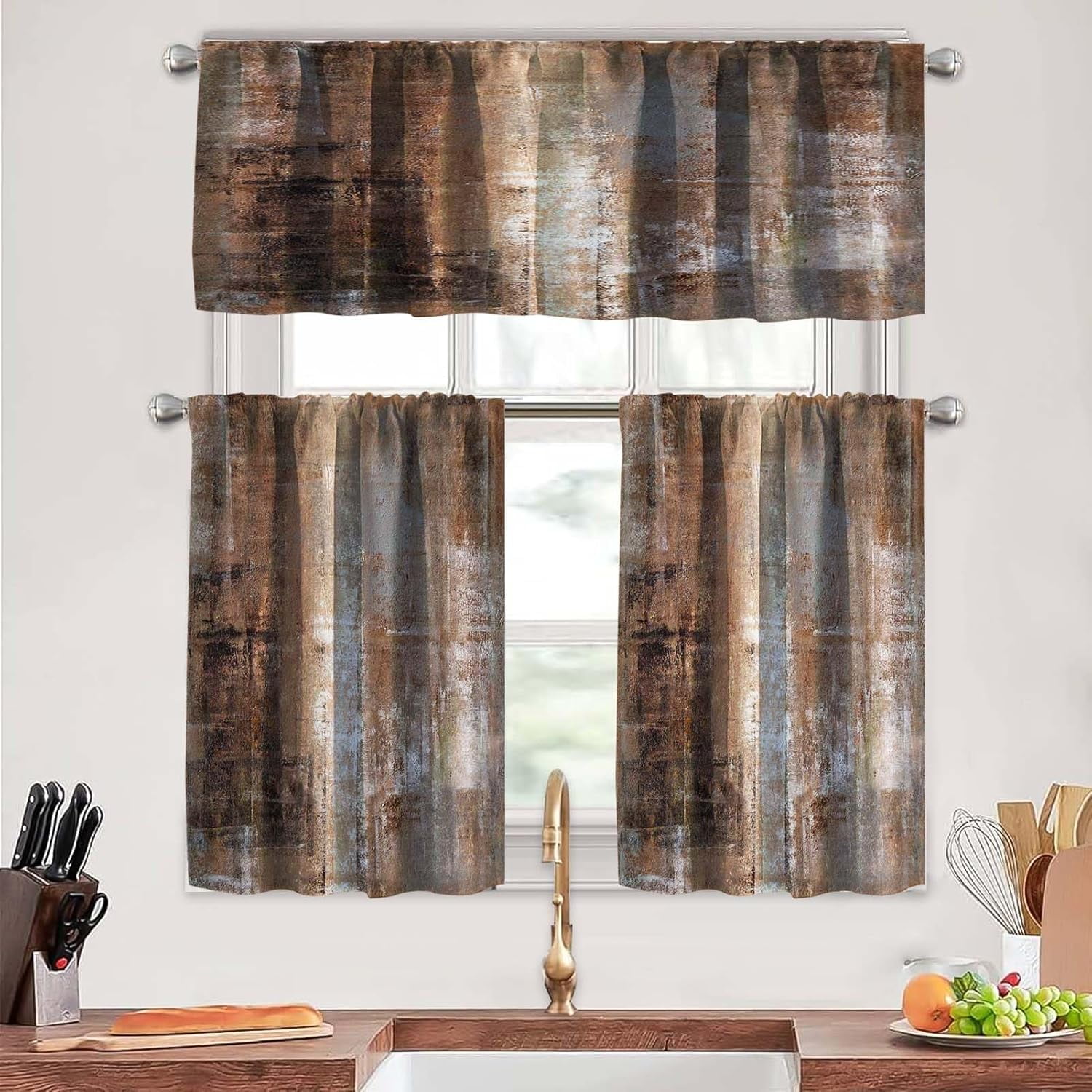 Brown Kitchen Curtains Tiers and Valances Set 3 Piece for Windows Grey ...