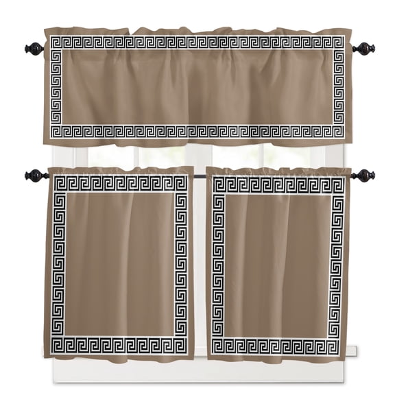 Brown Kitchen Curtains Valances and Tiers Set of 3, Border Geometric 36 Inch Length Tier Curtains and Valance Rod Pocket Valance Curtains Set for Kitchen Bathroom Small Windows