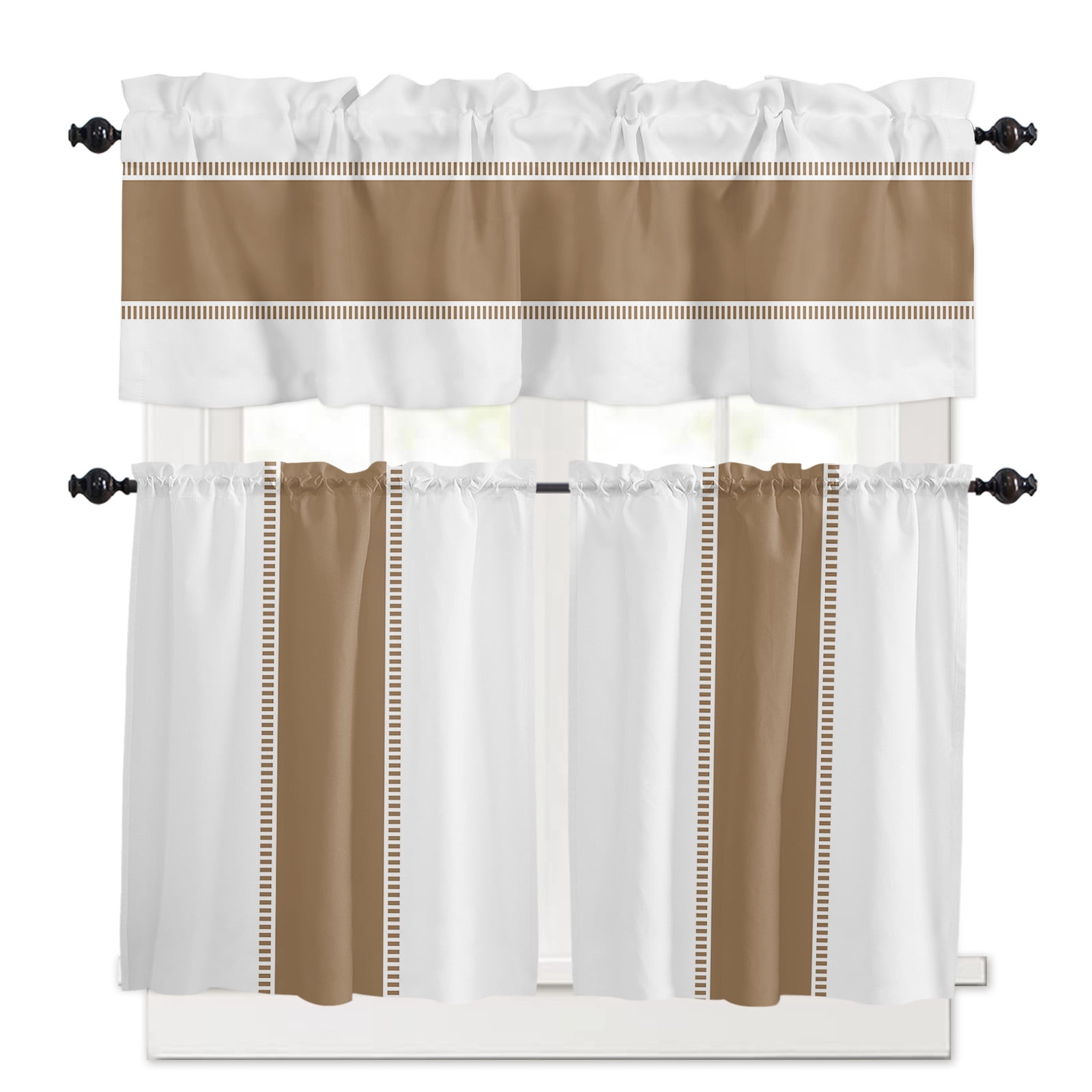 Brown Kitchen Curtains Valances and Tiers Set of 3, Solid Color 24 Inch ...