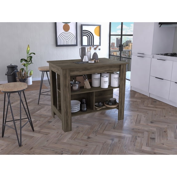 Brown Kitchen Island with Spacious Leg Room | Ideal for Kitchen Meal Prep | Made of Particle Board | Offers Extra Space in Small Apartment
