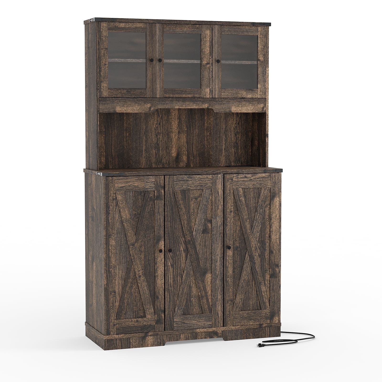 Brown Kitchen Pantry Cabinet with Charging Station – Farmhouse Freestanding Cupboard Storage with Countertop, Adjustable Shelves & Anti-Tip Design for Kitchen, Dining Room, or Living Room