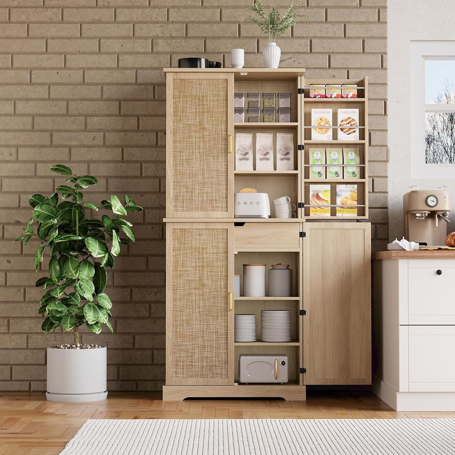 Brown Kitchen Pantry Cabinet with Drawer, 72" Tall Rattan Storage ...