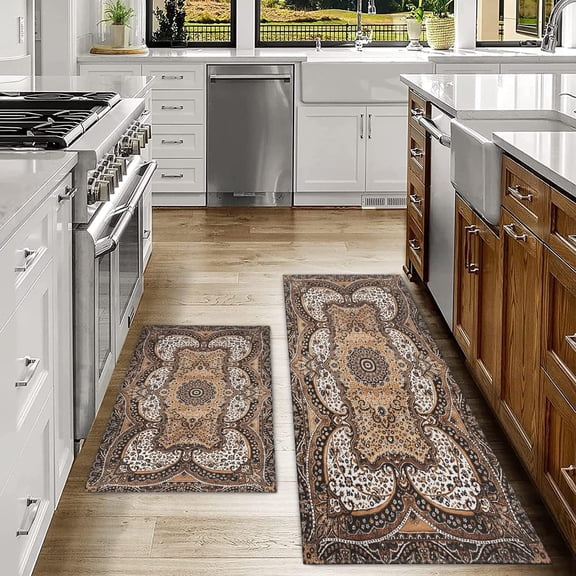 Brown Kitchen Rug Mat Farmhouse Kitchen Rugs Sets of 2 Washable Non-Slip Kitchen Mats for Floor 2 Piece Farmhouse Brown Kitchen Decor