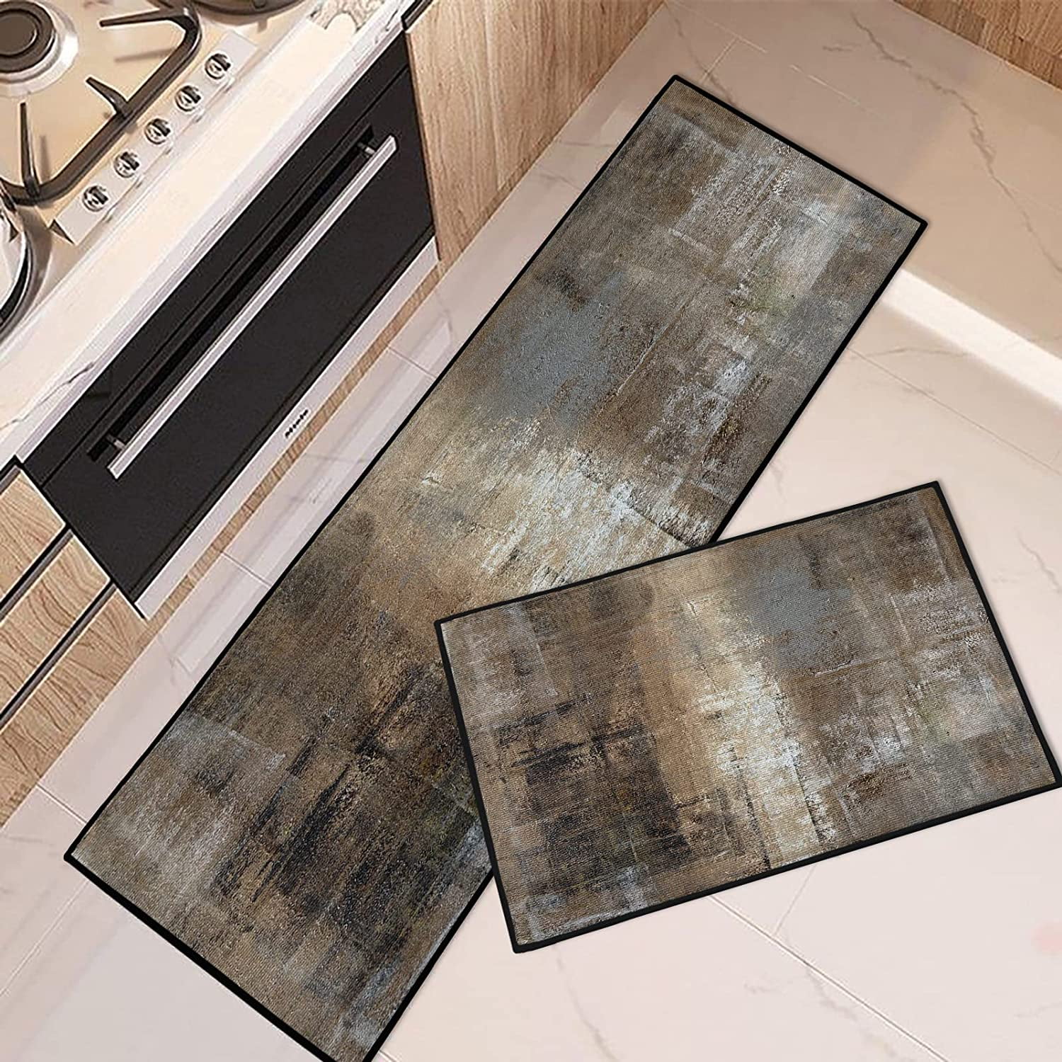 Brown Kitchen Rugs and Mats Non Skid Washable Set of 2, Modern Abstract