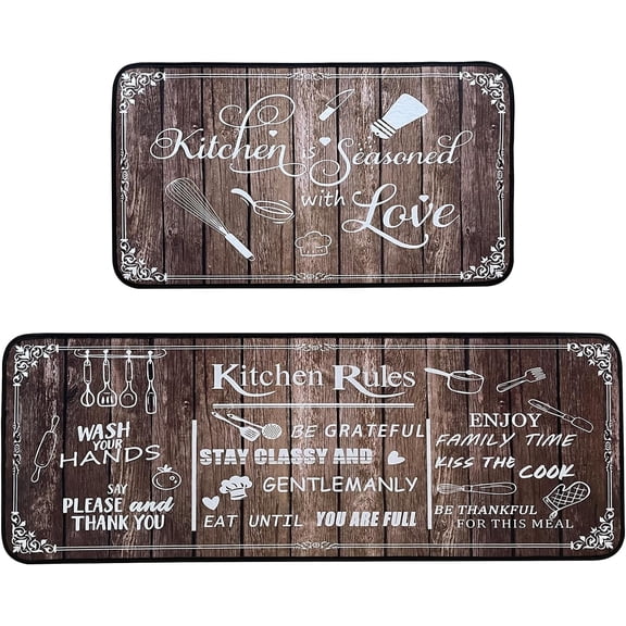 Brown Kitchen Rugs,Non Skid Washable Microfiber mats for Kitchen Floor, Kitchen Rules Theme Kitchen Cushioned Runner Rug Decor Sets of 2 Pieces,17"x 47"+17"x 30"
