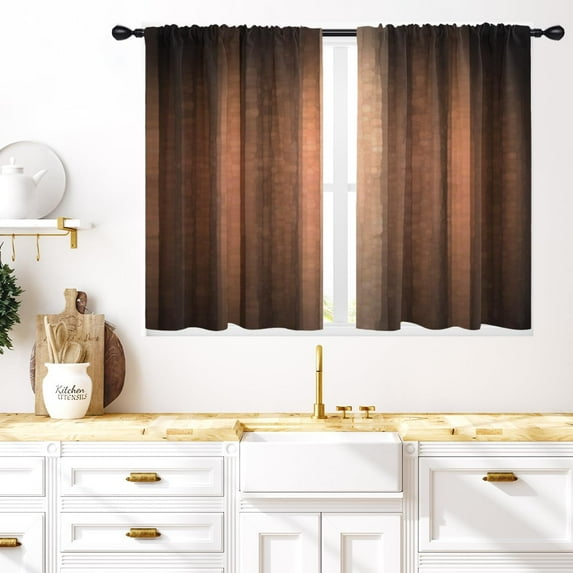 Brown Kitchen Window Curtains 27.5 x 39 Inch Small Short Mini Cafe Rod Pocket Western Rustic Country Retro Vintage Dark Living Bedroom Room Home Treatment Set of 2 Curtain Panels Drapes Tiers