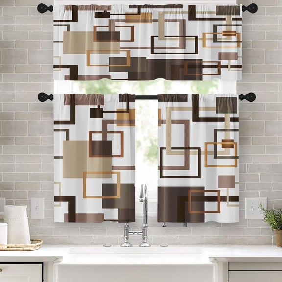 Brown Kitchen Window Curtains Valance and Tier Set 36 Inch, Abstract Squares Geometric Rod Pocket Short Tier Curtain for Bathroom, Modern Small Cafe Drapes for Kitchen Decor