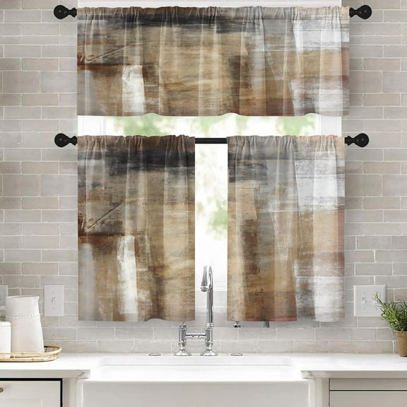 Brown Kitchen Window Curtains Valance and Tier Set 36 Inch, Grey Beige Modern Rod Pocket Short Tier Curtain, Abstract Art Small Cafe Drapes for Kitchen Decor