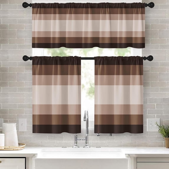 Brown Kitchen Window Curtains Valance and Tier Set 36 Inch, Striped ...
