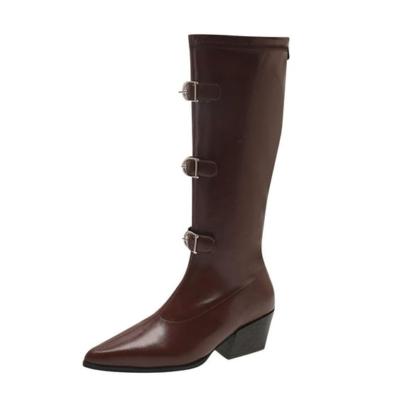 Brown Knee-High Boots For Women With Belt Buckle, Rear Zipper, Pointed Toe, Chunky Heel