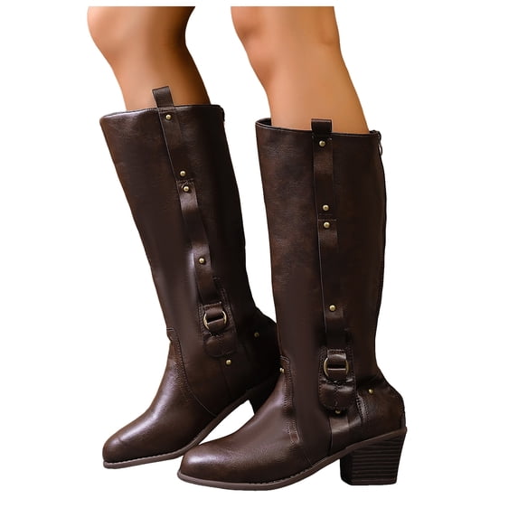 Brown Knee High Boots Women Wide Calf Vintage Leather Stacked Heel Zipper Strappy Long Winter Riding Booties