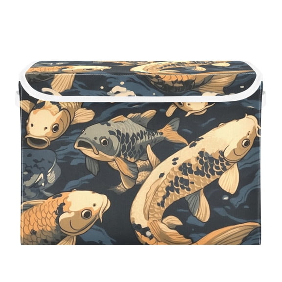 Brown Koi Fish Design Large Storage Bins with Linen Collapsible Lid Storage Box 16.7 x 12.6 x 11.8in