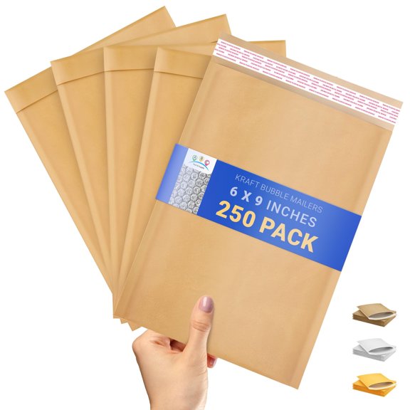 Natural Brown Kraft Bubble Mailers 250 pack 6 x 9 in Paper Padded Self Seal