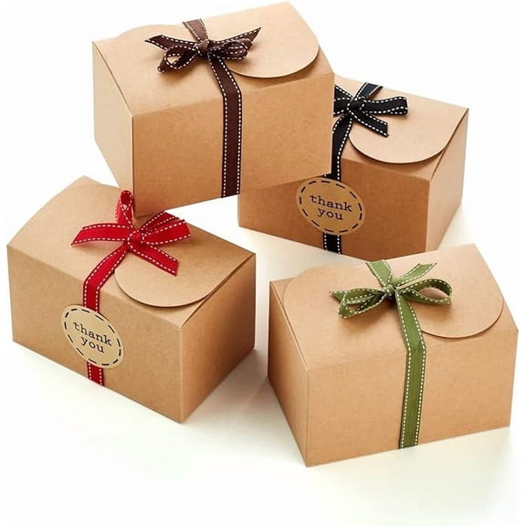Brown Kraft Cookie Boxes with Ribbons & Stickers (20 Pack) 6.5 x 4 Small Cardboard Gift Boxes for Gift Giving, Baked Goods, Candy, Christma Valentine's Day, Decorative Packaging