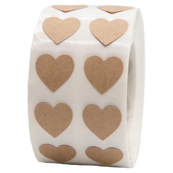 Brown Kraft Heart Stickers, 0.5 Inch Wide, 1000 Labels on a Roll