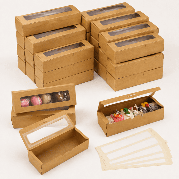 Brown Kraft Muffin Boxes, 2x2x7 Small Pastry Boxes with Window, Small Bread Box, for Macaron, Cookies, Candy, Chocolate, Baked Goods Packaging Takeout Boxes